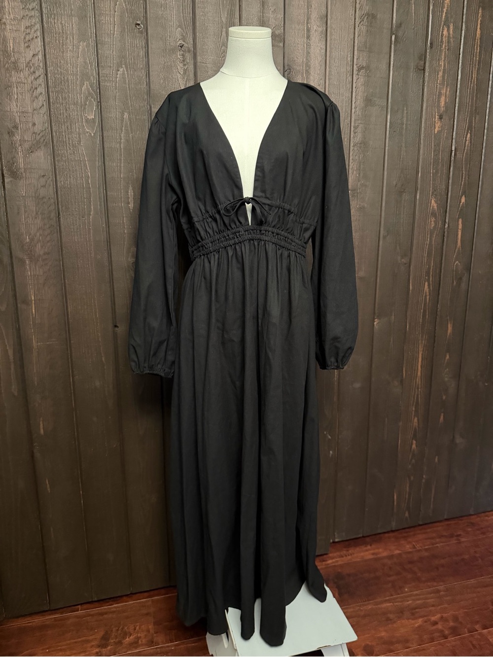 NWOT Petal+Pup Black Smocked Linen Blend Long Sleeve Maxi Dress Puff Sleeve XL